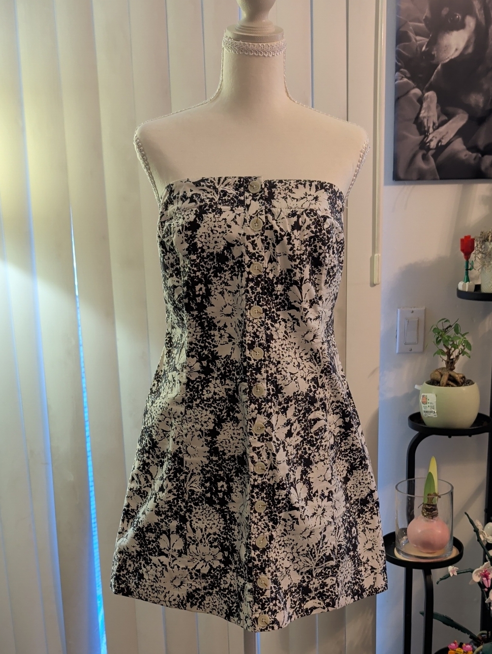 Free People Strapless Navy/Brown & White Floral Button-Front Mini Dress, Large